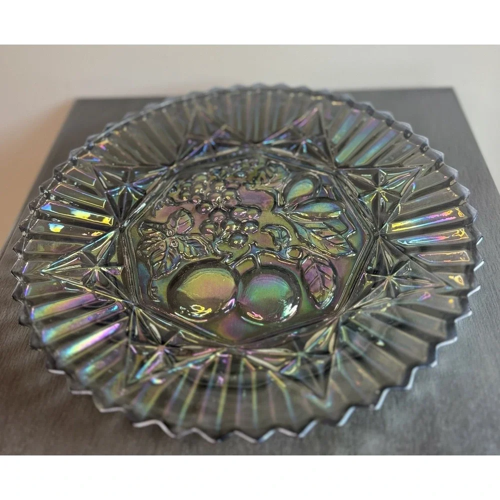 Vintage INDIANA Carnival Glass Serving/Jewelery Platter Iridescent Fruit‎ 11.5